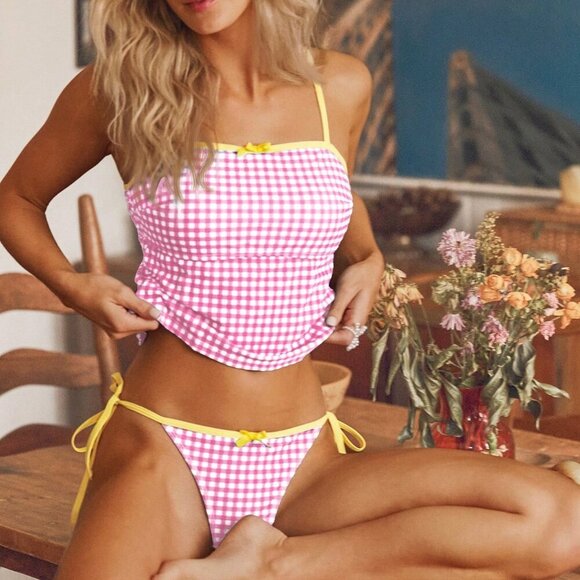 Baby Pink Plaid gingham Casual Womens Camisole Tankini top and bottom Set swim - Picture 6 of 7